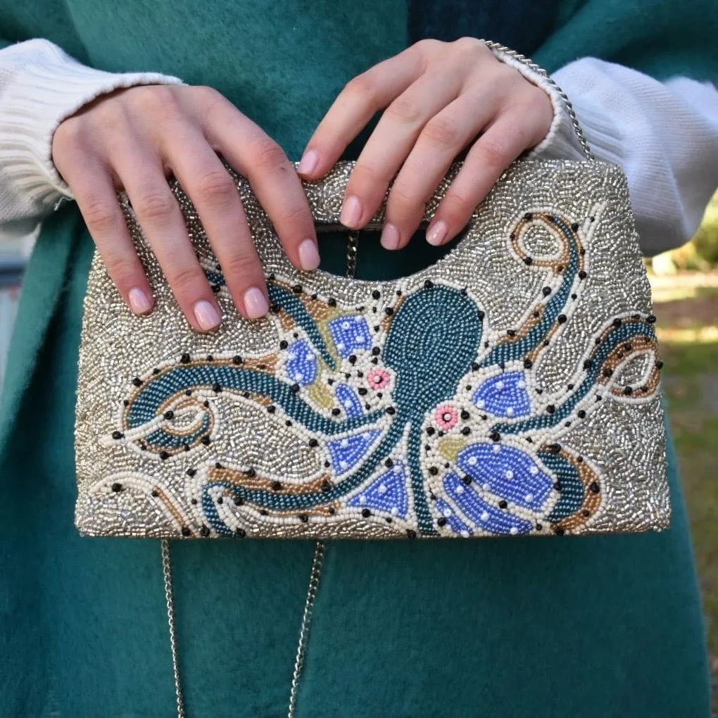 Beaded Statement Clutch, Silver Octopus with Teal, Bespoke Design