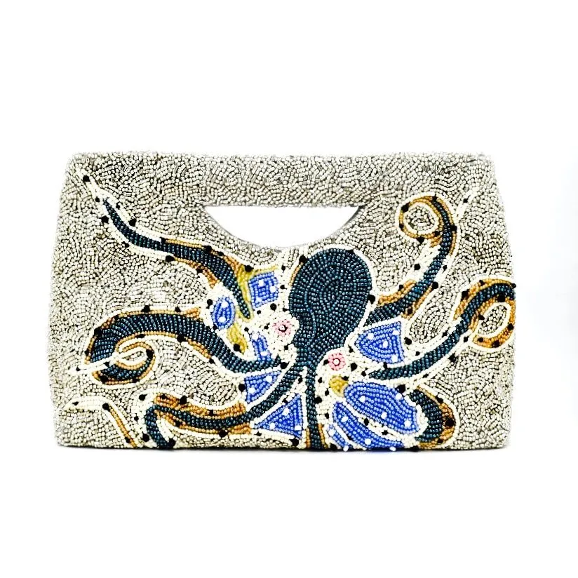 Beaded Statement Clutch, Silver Octopus with Teal, Bespoke Design