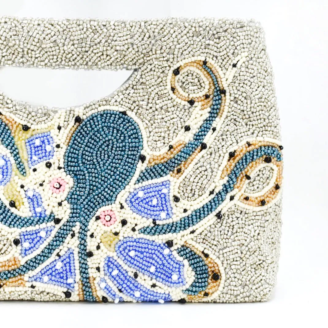 Beaded Statement Clutch, Silver Octopus with Teal, Bespoke Design