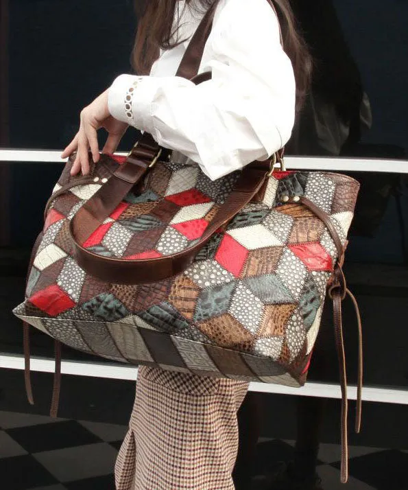 Bohemian Colorblock Geometric Appliqued Calf Leather Tote Handbag LY1371