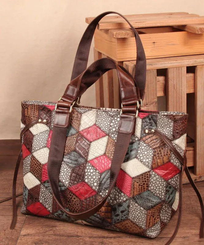 Bohemian Colorblock Geometric Appliqued Calf Leather Tote Handbag LY1371