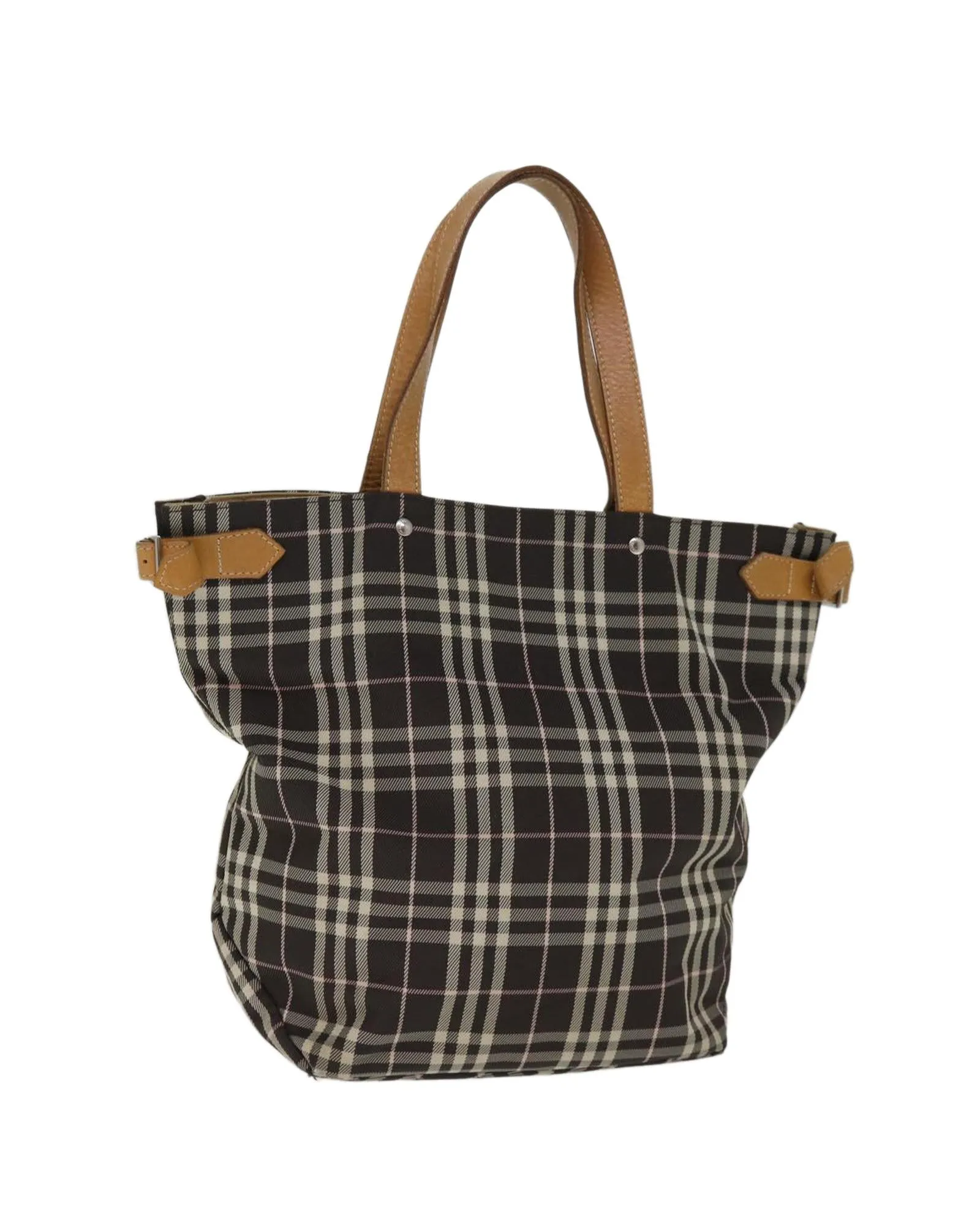 Brown Nylon Tote Bag with Check Pattern