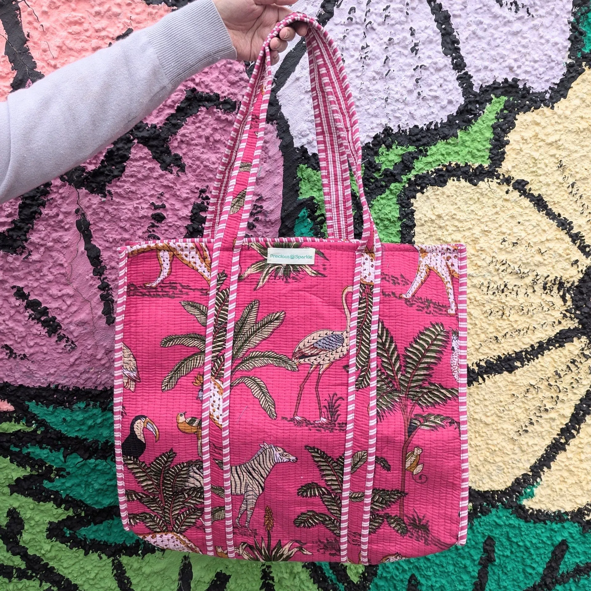 Cotton Quilted Indian Tote Bag Pink Jungle