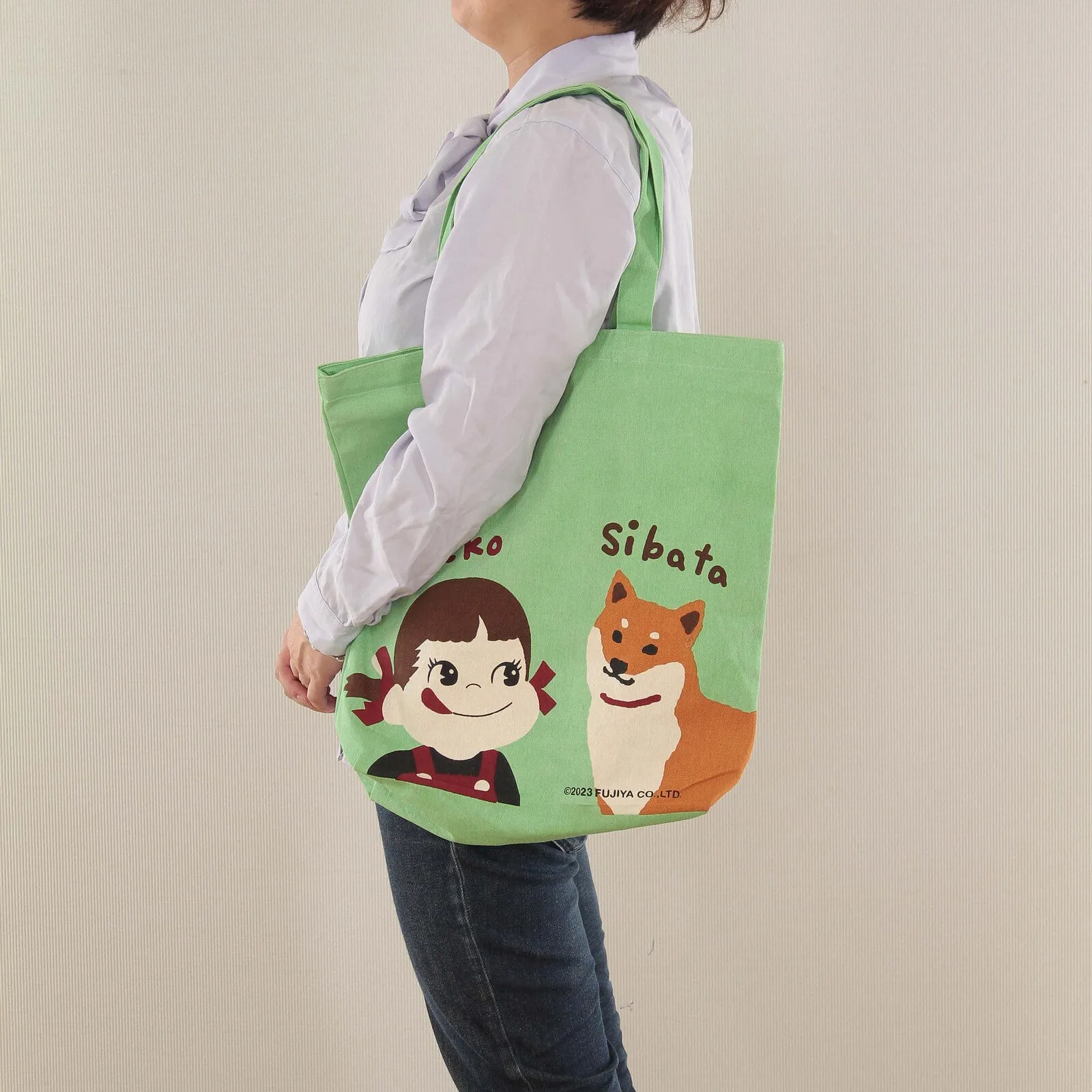 Fujiya Peko-chan & Shibata Shiba Inu Green Canvas Tote Bag [A4 size]