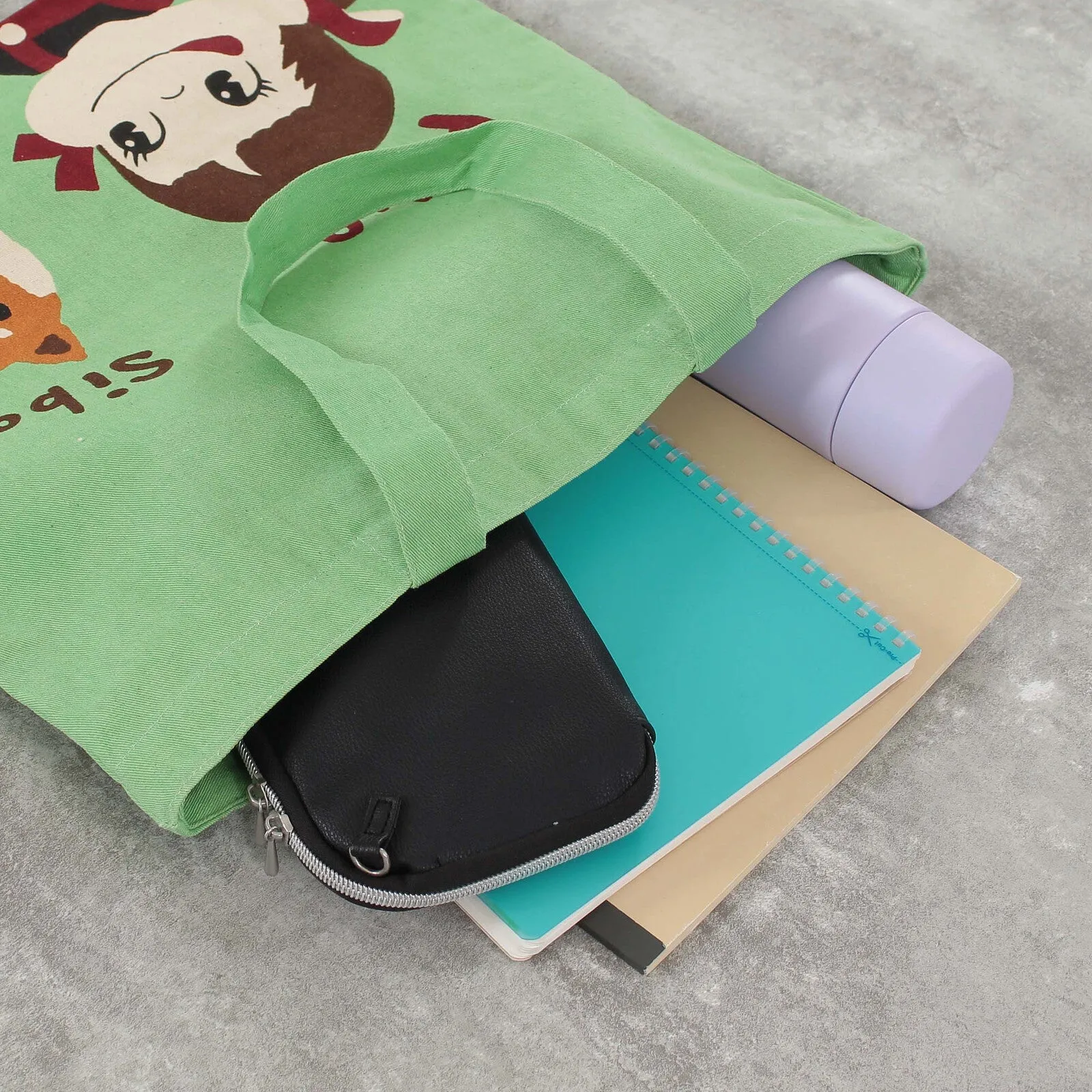 Fujiya Peko-chan & Shibata Shiba Inu Green Canvas Tote Bag [A4 size]