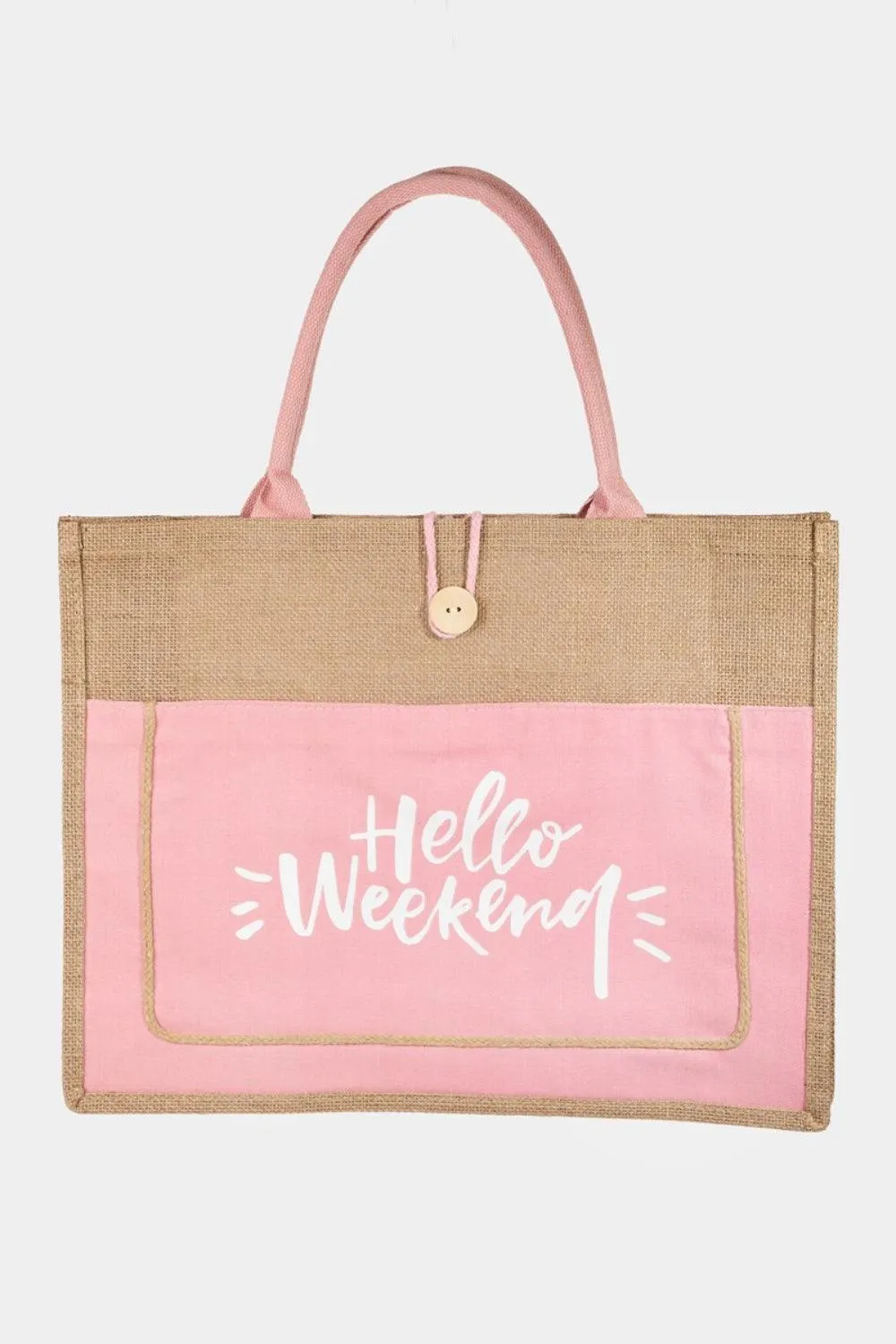 Hello Weekend Burlap Tote Bag