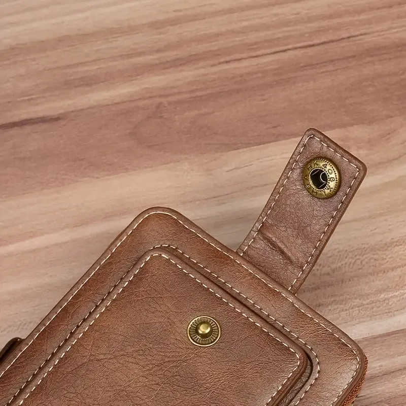 Men's PU Leather Solid Color Business Wallet, Card Holder With Zipper & Button
