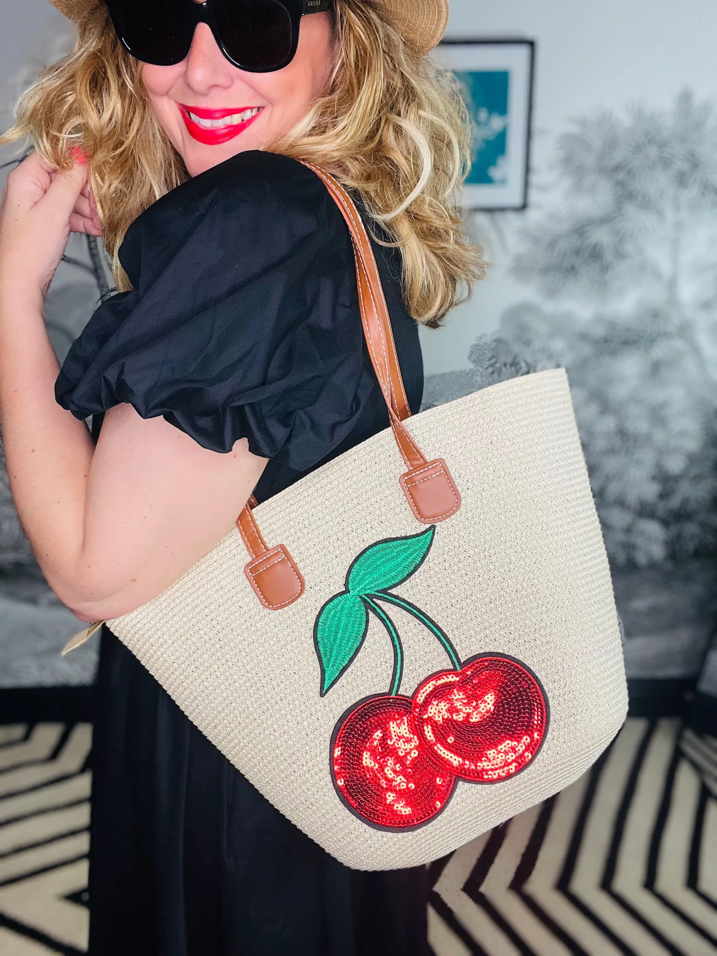 Sparkle Cherry Straw Tote Bag