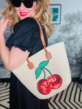 Sparkle Cherry Straw Tote Bag