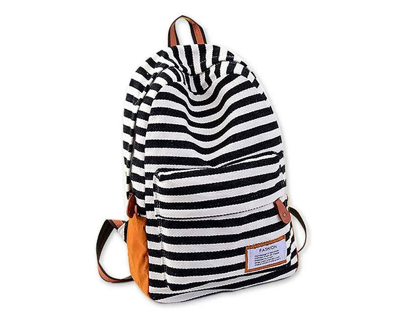 Stripe Print Korean Style Canvas Rucksack - Black